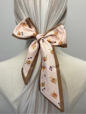 Blush Pink Floral Skinny Scarf Brown Trim Twilly Hair Tie Neck Scarf